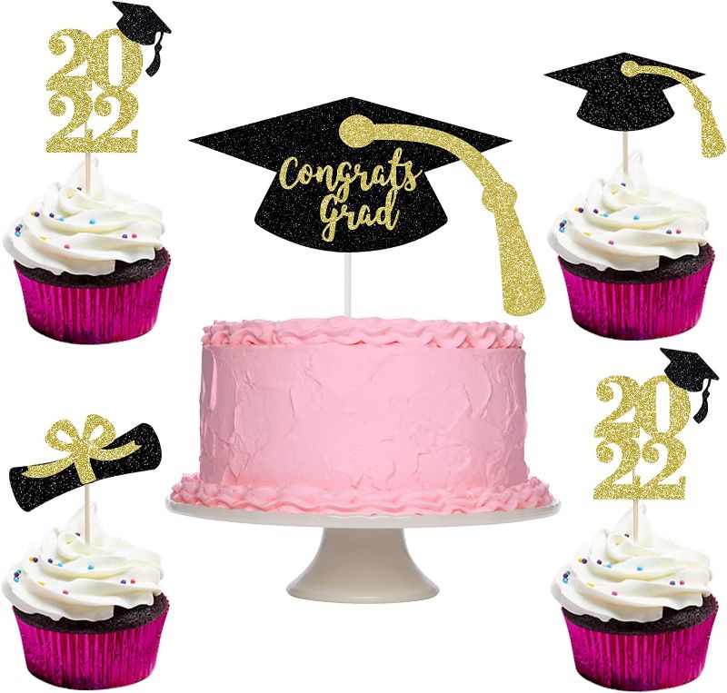 Photo 1 of 2022 Graduation Cake Toppers, Gold Congrats Graduation Cake Toppers and 24 Graduation Hats, Diploma, 2022 Cupcake Toppers, 2022 Graduation Cupcake Toppers, Cake Food Picks, 2022 Graduation Party Cake Toppers
