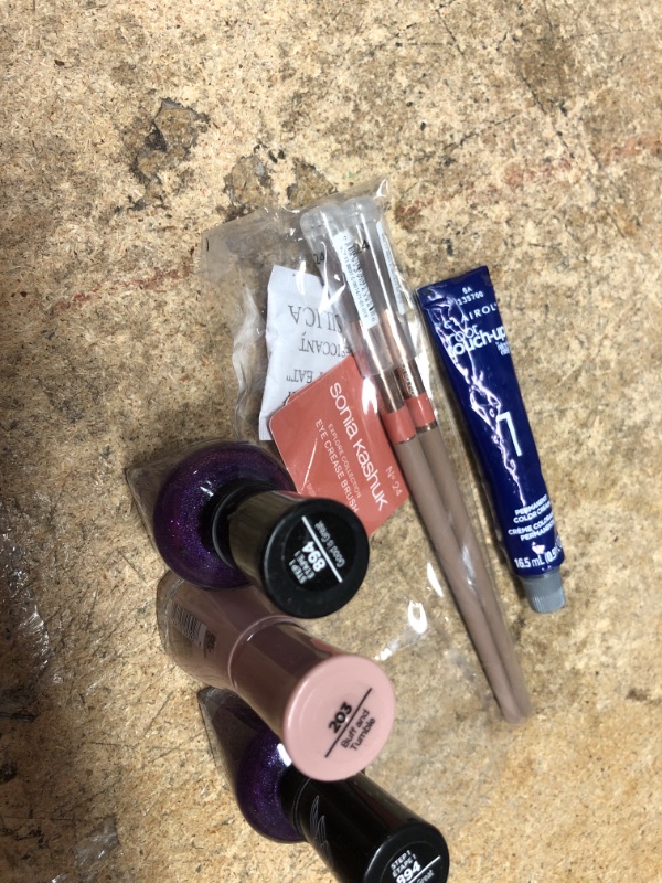 Photo 1 of BUNDLE BAG OF COSMETICS  (1) Sally Hansen Insta-Dri Nail Color, Buff and Tumble 203 - 9.17 ml/ (2) PURPLE NAIL POLISH/  (2) EYE CREASE BRUSH (1) CLAIROL ROOT TOUCH UP 