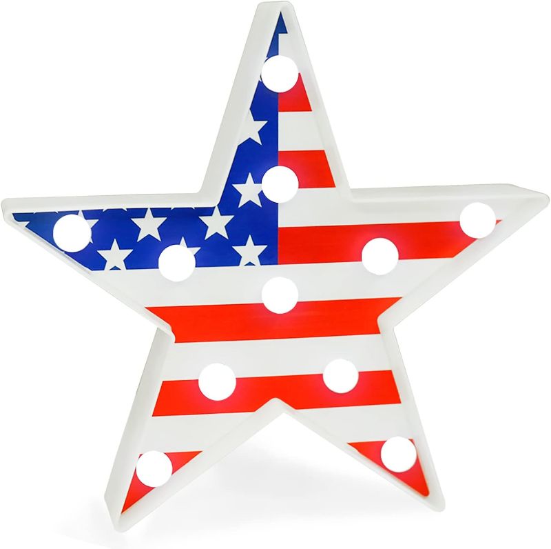 Photo 1 of  4th of July Decorations Light Up Star, Patriotic American Flag LED Star Marquee Light, Red White Blue Star Sign Night Light Battery Operated Wall Tabletop Decor for Independence Memorial Day
