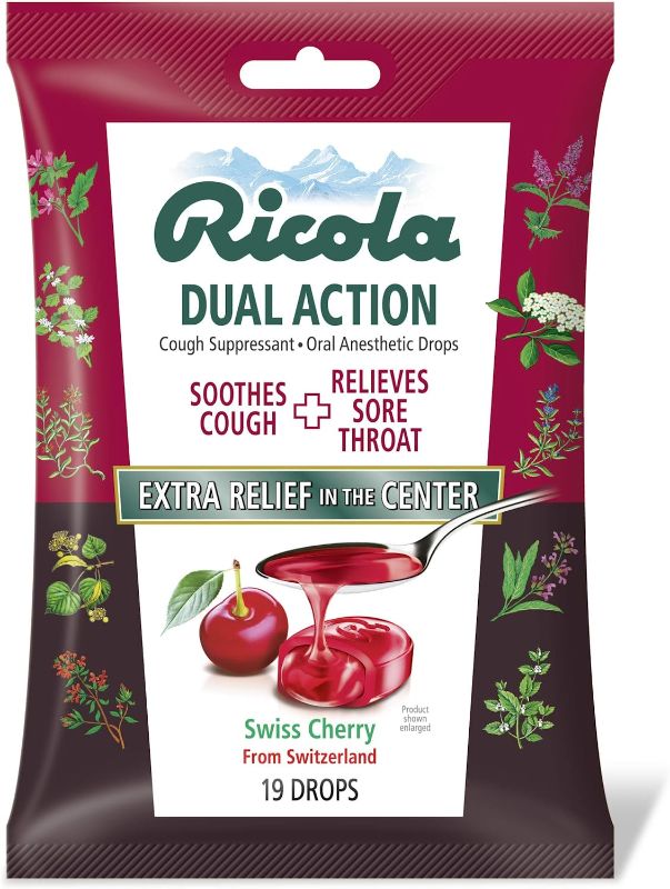 Photo 1 of (2) Ricola Dual Action Swiss Cherry Cough Suppressant & Oral Anesthetic Throat Drops 19 Drops, Fights Coughs Naturally, Soothes Throats