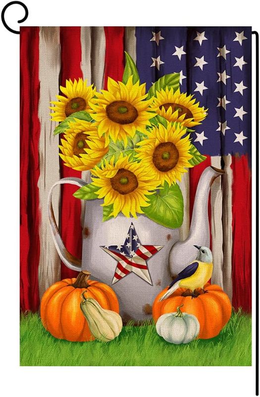 Photo 1 of  Fall Patriotic Flag Small Garden Flag 12x18 Inch Inch Vertical Double Sided Autumn Pumpkin Sunflower Thanksgiving Burlap Yard Outdoor Decor