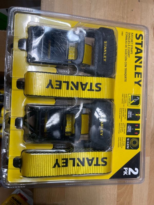 Photo 2 of STANLEY S1007 Black/Yellow 1.5" x 16' Ratchet Tie Down Straps - Heavy Cargo Hauling (3,300 lbs Break Strength), 2 Pack
