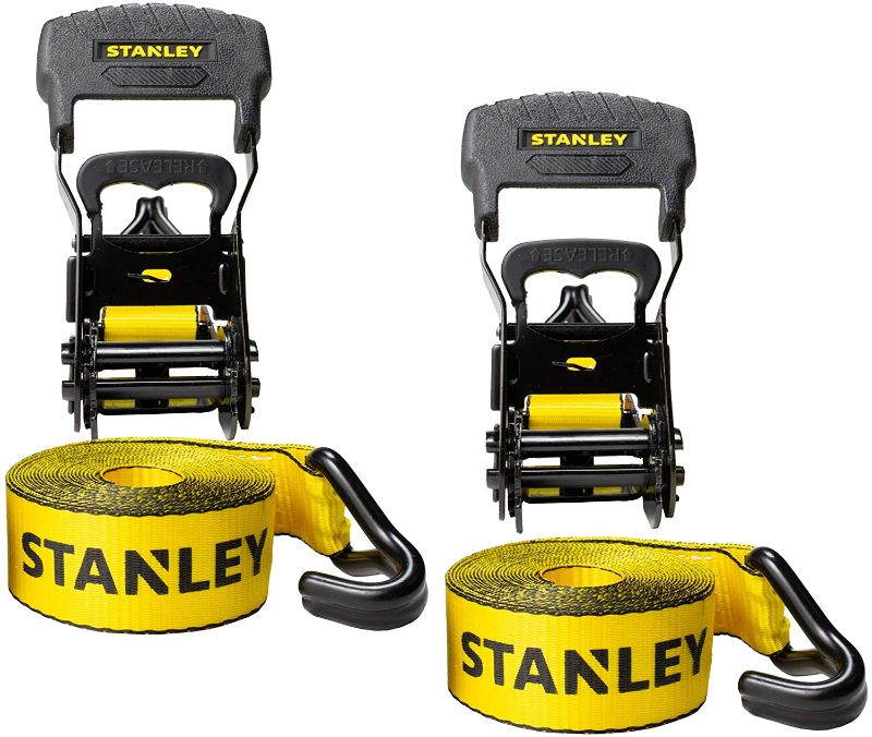 Photo 1 of STANLEY S1007 Black/Yellow 1.5" x 16' Ratchet Tie Down Straps - Heavy Cargo Hauling (3,300 lbs Break Strength), 2 Pack
