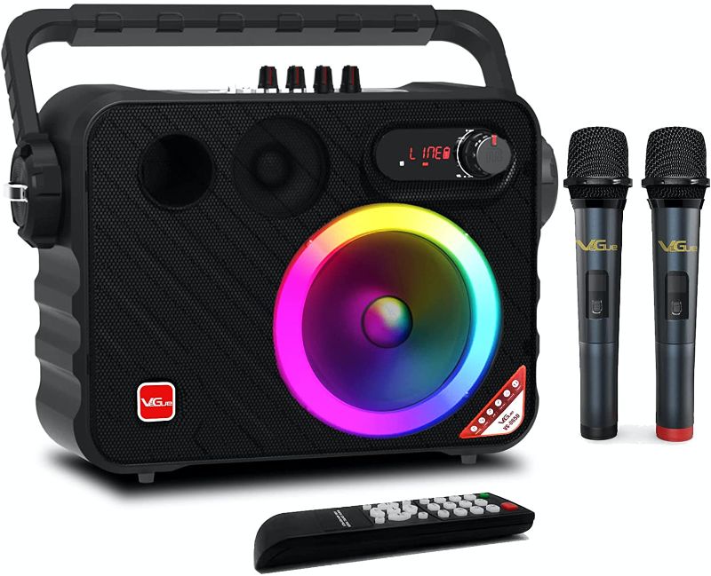 Photo 1 of Portable Karaoke Machine, VeGue Bluetooth PA System with 6.5” Subwoofer, Colorful LED Lights, 2 UHF Wireless Mics, Ideal for Various Indoor/Outdoor Activities(VS-0650)
