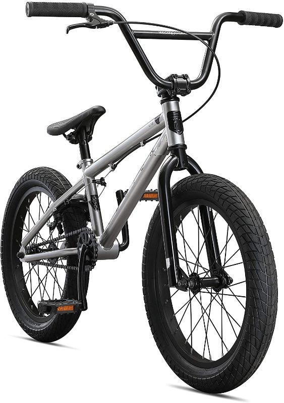 Photo 1 of Mongoose Legion L18 Kids Freestyle Sidewalk BMX Bike for Kids, Children and Beginner-Level to Advanced Riders, 18-inch Wheels, Hi-Ten Steel Frame, Micro Drive 25x9T BMX Gearing, Silver
