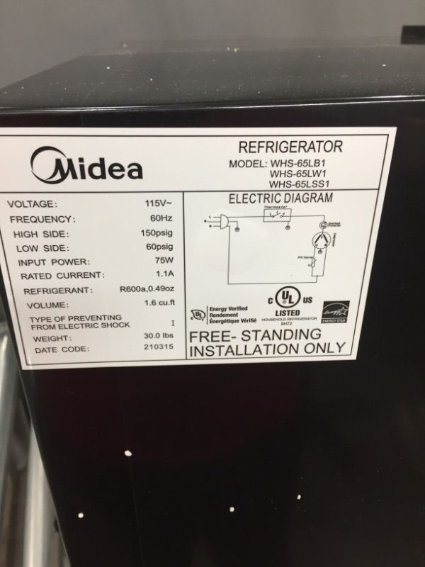 Photo 2 of ***PARTS ONLY*** Midea WHS-65LB1 Compact Single Reversible Door Refrigerator, 1.6 Cubic Feet (0.045 Cubic Meter), Black

