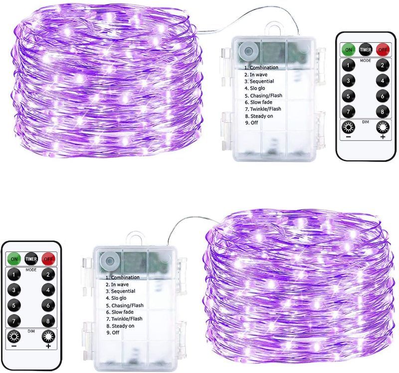 Photo 1 of Baimo 2 Pack 100 LED 8 Modes Battery Operated String Lights, 33ft Remote Control Timer Waterproof Silver Copper Wire Fairy Lights for Christmas, Garden, Patio, Indoor Outdoor (Purple) 3 sets of 2