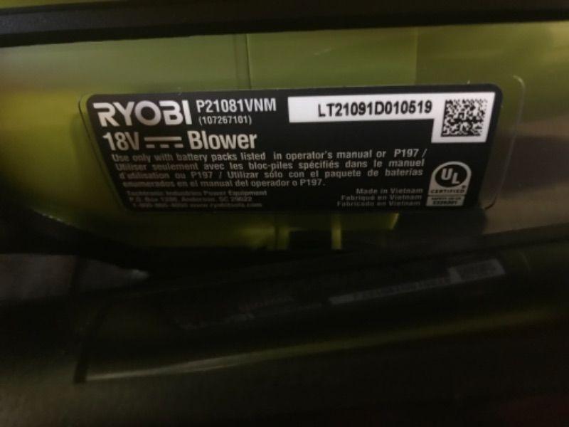 Photo 2 of ***MISSING BATTERY*** Ryobi P2180 ONE+ 100 MPH 280 CFM Variable-Speed Cordless Leaf Blower
