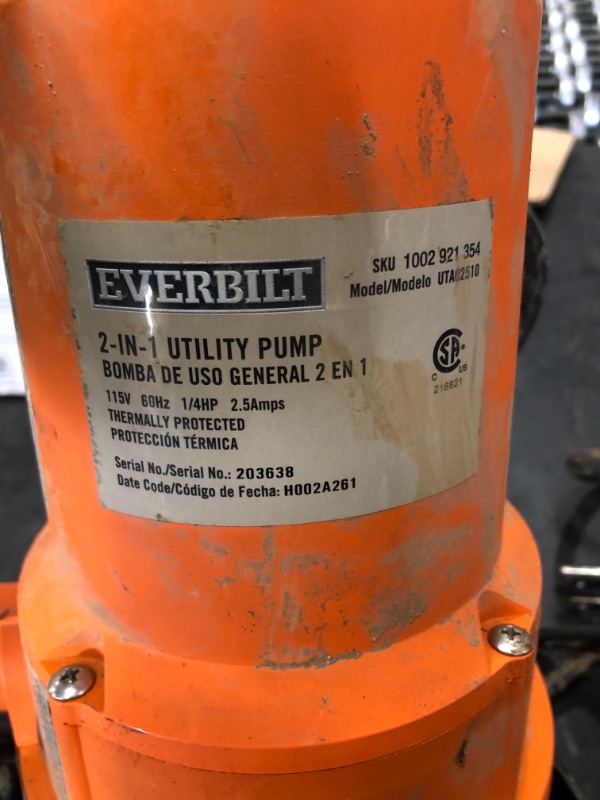 Photo 3 of *USED*
*SEE last picture for damage*
Everbilt 1/4 HP 2-in-1 Utility Pump