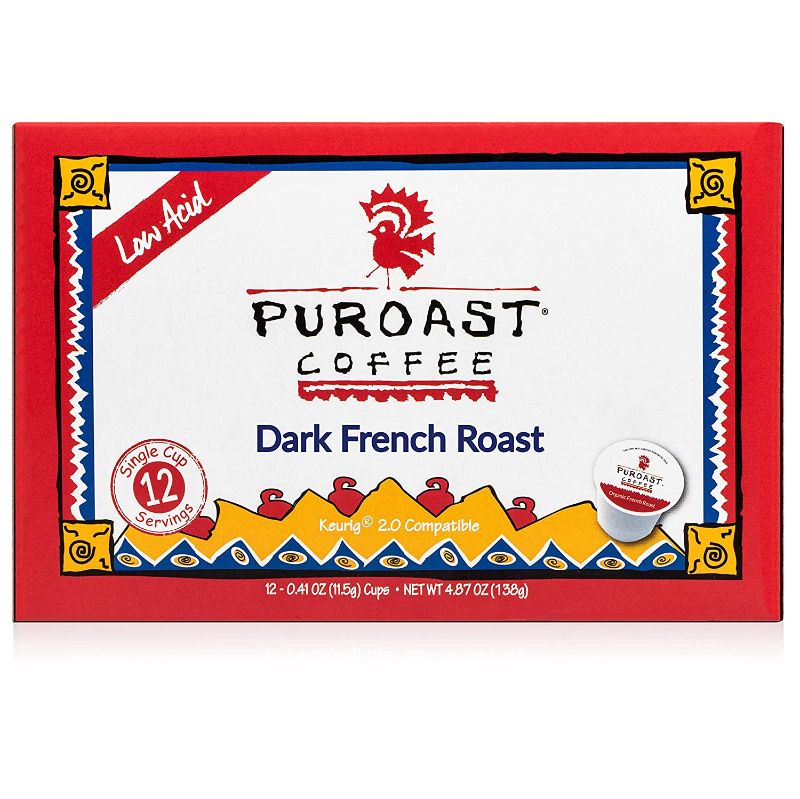 Photo 1 of **EXPIRES 01/04/2023** 2PK Puroast Low Acid Coffee Single-Serve Pods, French Roast, High Antioxidant, Compatible with Keurig 2.0 Coffee Makers (12 Count)
