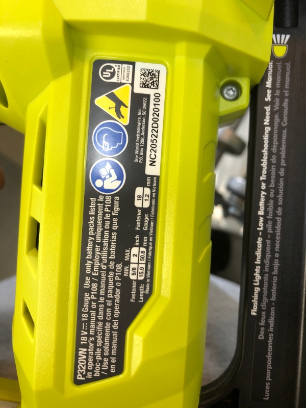 Photo 3 of Ryobi 3 Piece 18V One+ Airstrike Brad Nailer Kit (Includes: 1 x P320 Brad Nailer, 1 x P190 18-Volt ONE+ 2.0 Ah lithium-ion battery, P118 dual chemistry charger (Renewed)
