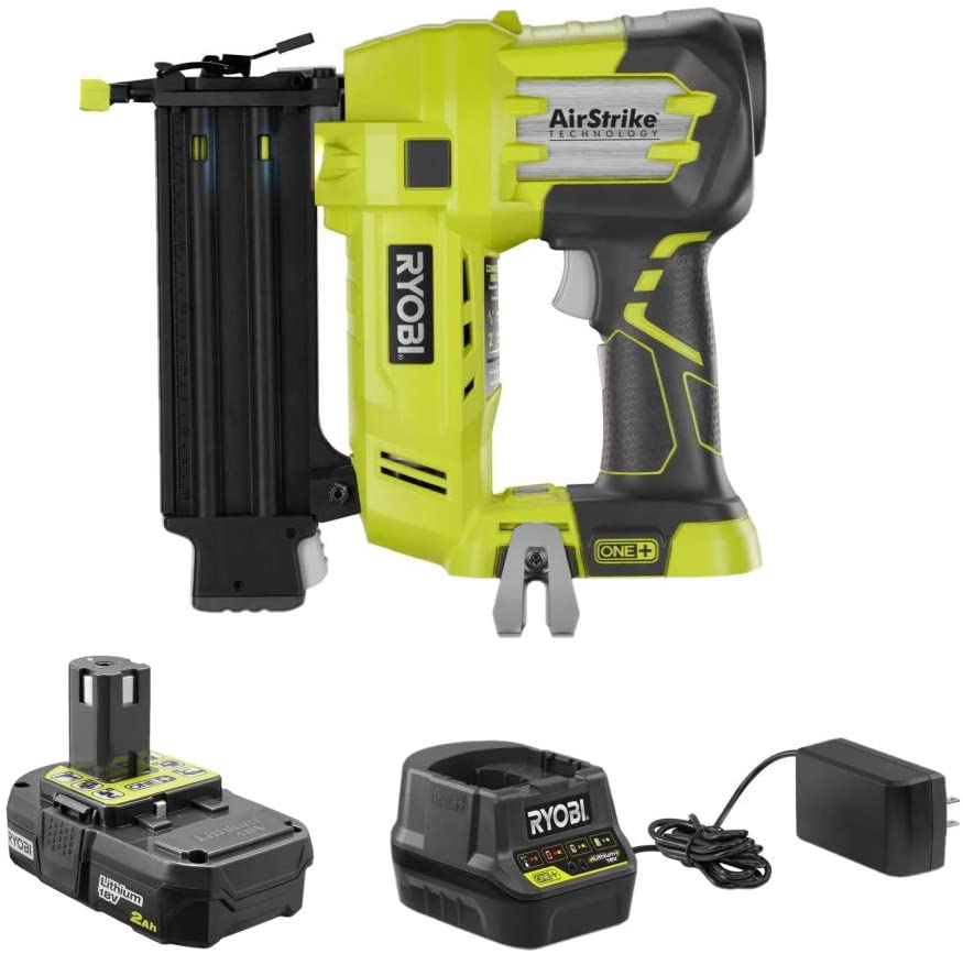 Photo 1 of Ryobi 3 Piece 18V One+ Airstrike Brad Nailer Kit (Includes: 1 x P320 Brad Nailer, 1 x P190 18-Volt ONE+ 2.0 Ah lithium-ion battery, P118 dual chemistry charger (Renewed)
