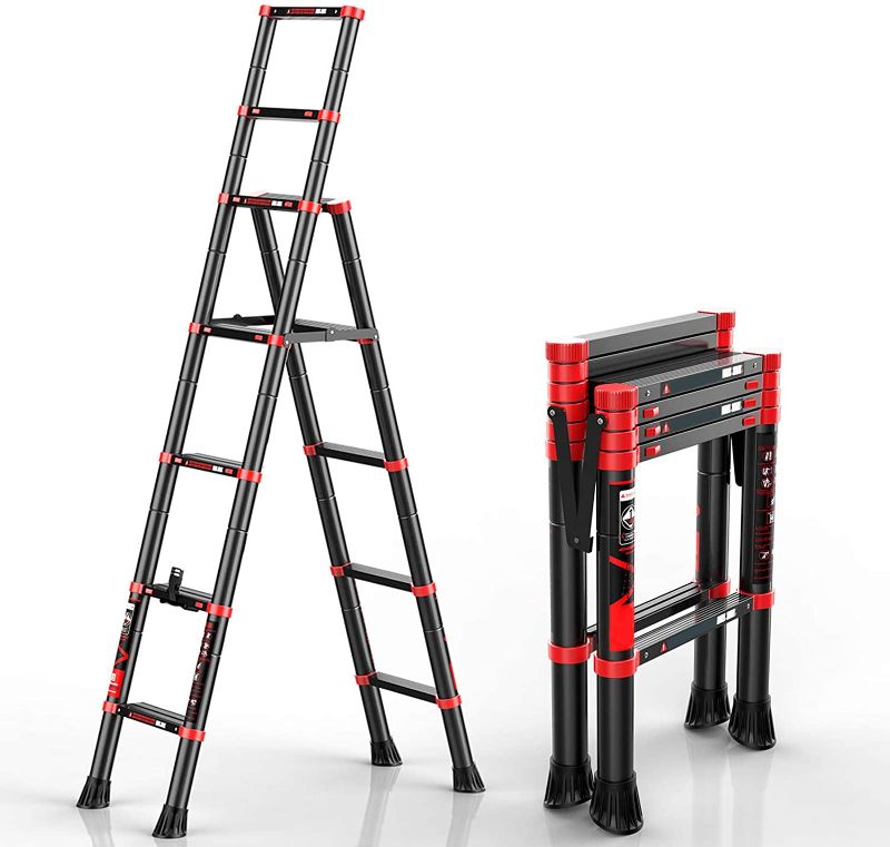 Photo 1 of NSdirect Telescopic Ladder Aluminum Telescoping A Frame Ladder Extension Multi-Purpose Extendable Folding Ladder with Detachable Tool Tray, Safety-Lock 330Lbs and Anti-Slip
