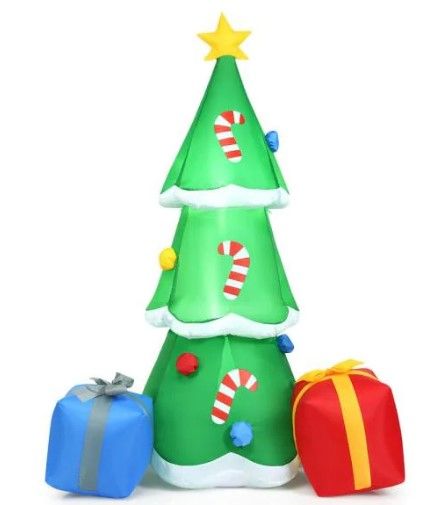 Photo 1 of 6 ft. Pre-lit LED Lights Christmas Tree with Gift Boxes Blow Up Christmas Inflatable with Zipper
