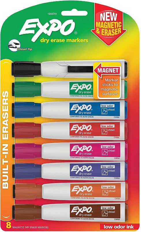 Photo 1 of EXPO Magnetic Dry Erase Markers with Eraser, Chisel Tip, Assorted Colors, 8-Count
