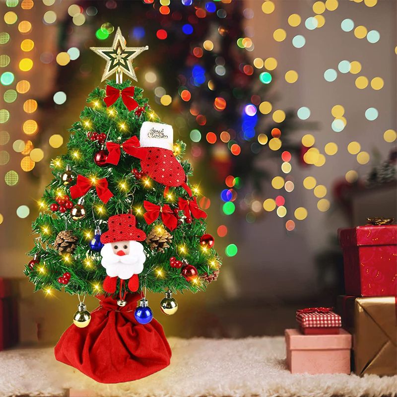 Photo 1 of 2 Ft Little Tabletop Christmas Trees Led Lights Artificial Pre-Lit Decoration And Ornaments Mini Xmas Decorated Topper Star Bow Miniature Snowman Indoor Small Desktop Potted Balls Battery Operated Set
SET OF 2