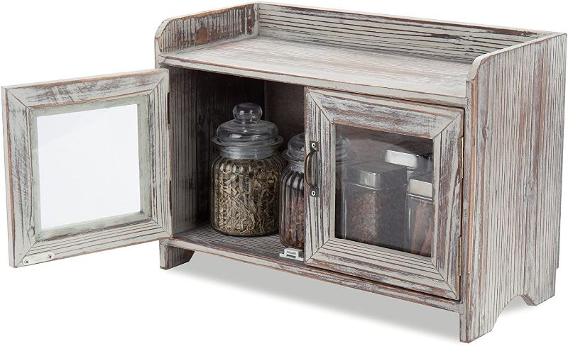 Photo 1 of  door is broken MyGift Torched Wood Countertop Storage Cabinet with 2 Glass Window Doors - Bathroom Vanity Chest or Kitchen Spice Shelves