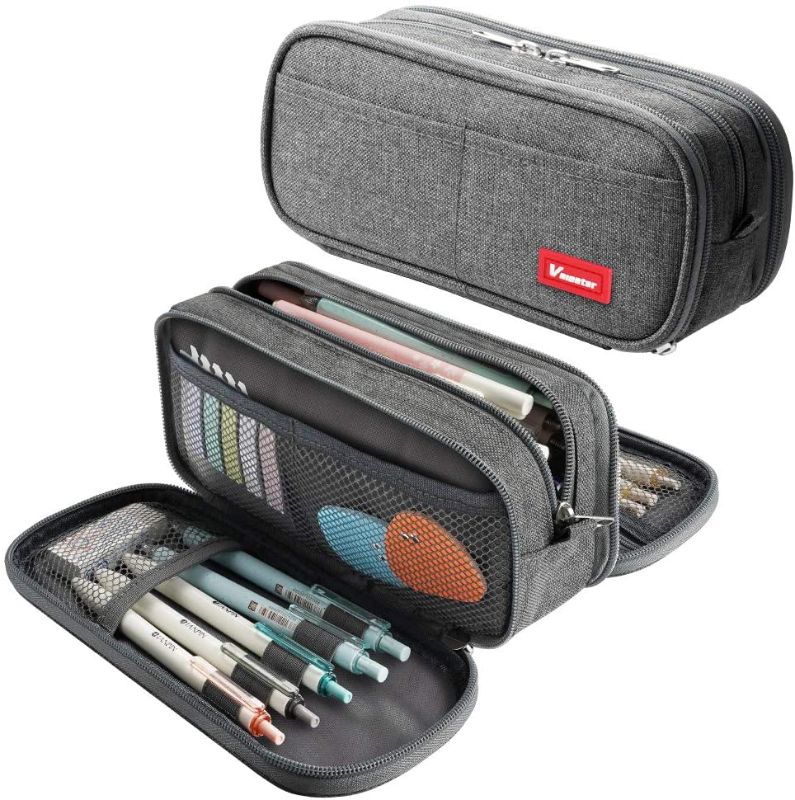 Photo 1 of Large Pencil Case Big Capacity Pencil Bag Large Storage Pouch 3 Compartments Desk Organizer Marker Pen Case Simple Stationery Bag Pencil Holder (Gray)