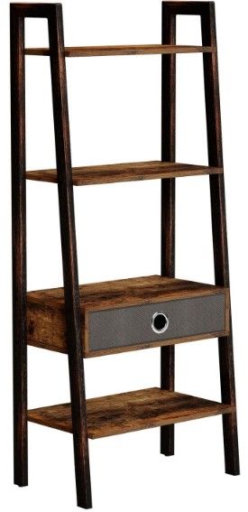 Photo 1 of Rolanstar Ladder Shelf with Drawer, Wood Ladder Bookshelf, 4-Tier Leaning Utility Organizer Shelves, Rustic Hand Painted Metal Frame, 54.5”x21.1”x13.5” Shelf for Living Room, Office Room, Rustic Brown