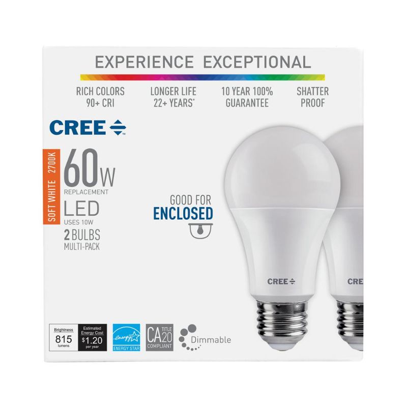 Photo 1 of ***SOLD AS IS***
Cree Lighting A19 60W Equivalent LED Bulb, 815 Lumens, Dimmable, Soft White 2700K, 25,000 Hour Rated Life, 90+ CRI, Good for Enclosed 4 (2-Pack)