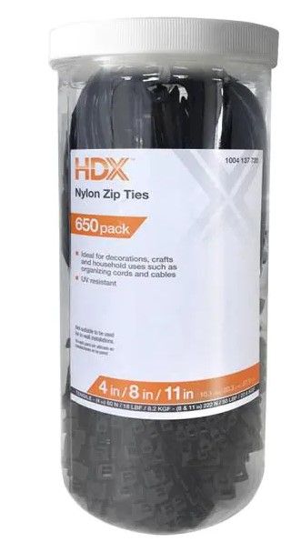 Photo 1 of ***SOLD AS IS***
HDX UV Resist Zip Tie Set Black 2 (650-Pack)
