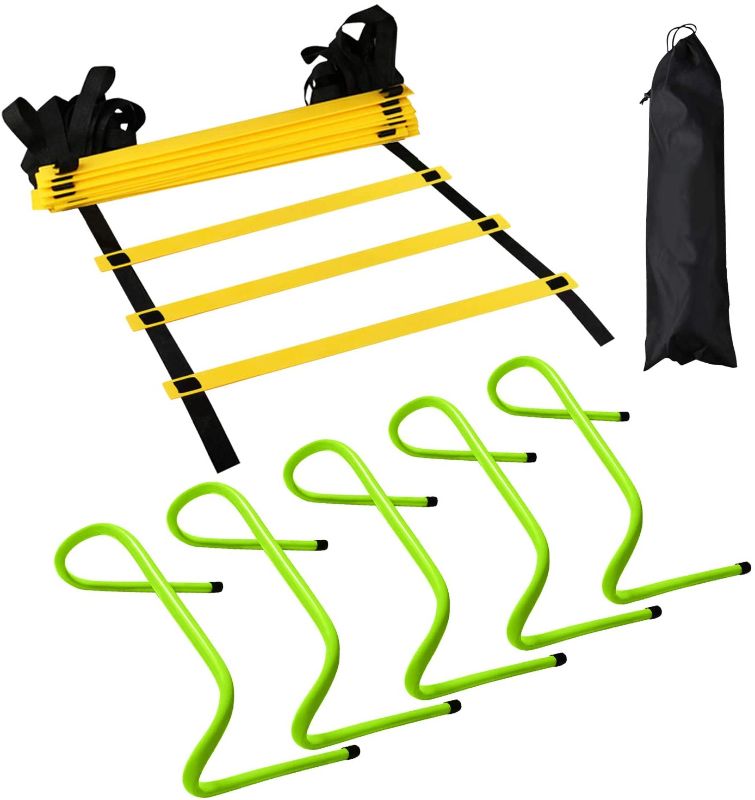 Photo 1 of 12 Rung Agility Training Ladder Kit – with A Carry Bag, Extra 5pcs of 6 Inch Speed Hurdles– All Purpose Football Soccer Agility Training Fitness Equipment
