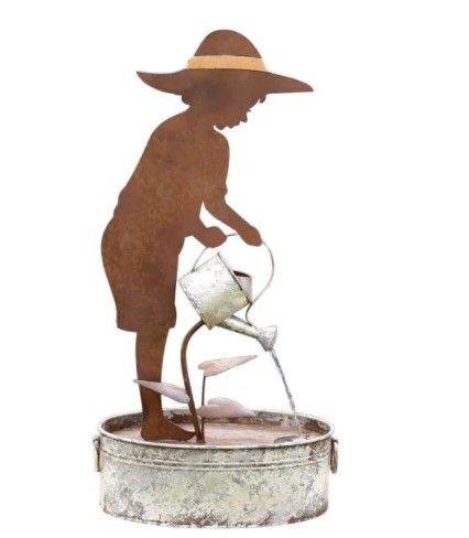 Photo 1 of Alpine Corporation 33 in. Tall Rustic Farm Boy Silhouette and Watering Can Fountain Yard Decoration