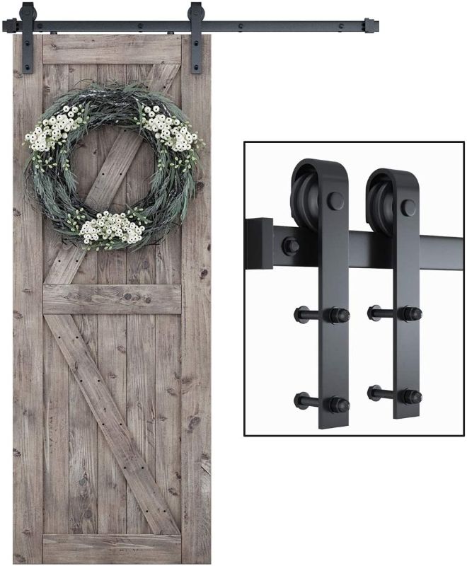 Photo 1 of  Heavy Duty Sturdy Sliding Barn Door Hardware Kit-Smoothly and Quietly-Includes Detailed Installation Fit Doorpanel (J Shape Hanger) Black