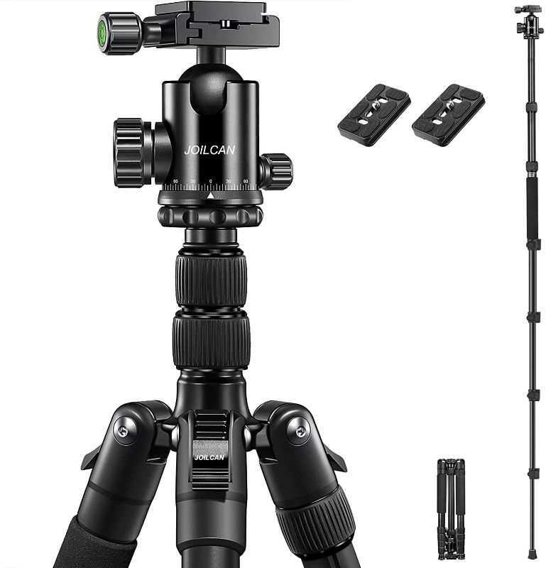 Photo 1 of JOILCAN 81” Tripod, Aluminum Camera Tripod for DSLR, Compact Travel Tripod Monopod 360° Panorama Ball Head with 2 Quick Release Plates, 16.5” When Folded, 25 lbs Loads - Black
