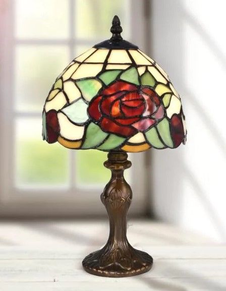 Photo 1 of 14.5 in. Indian Rose Antique Bronze Table Lamp with Tiffany Art Glass Shade