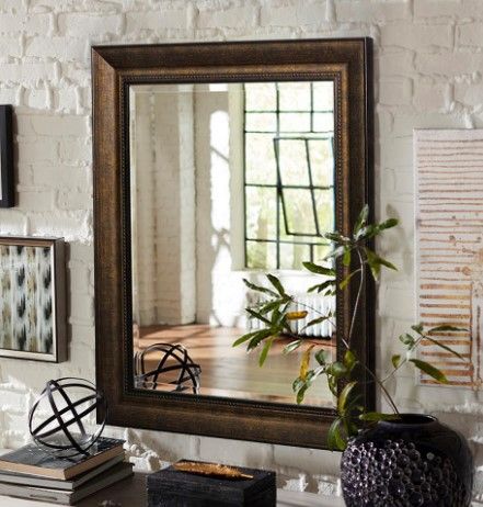 Photo 1 of 29 in. W x 35 in. H Framed Rectangular Beveled Edge Bathroom Vanity Mirror in Bronze
