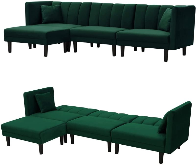 Photo 1 of 2/2 Reversible Sectional Sofa Sleeper, L-Shape Sofa with 2 Pillows,Modern Velvet Fabric Sofa Bed,for Small Space,Apartment,Living Room (Dark Green)
