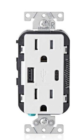 Photo 1 of 15 Amp Decora Tamper-Resistant Duplex Outlet with Type A and C USB Charger, White (2-Pack)
