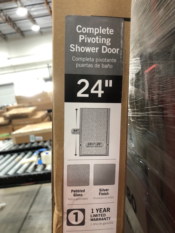 Photo 1 of 24 in. x 64 in. Framed Pivot Shower Door Kit in Silver with Pebbled Glass
