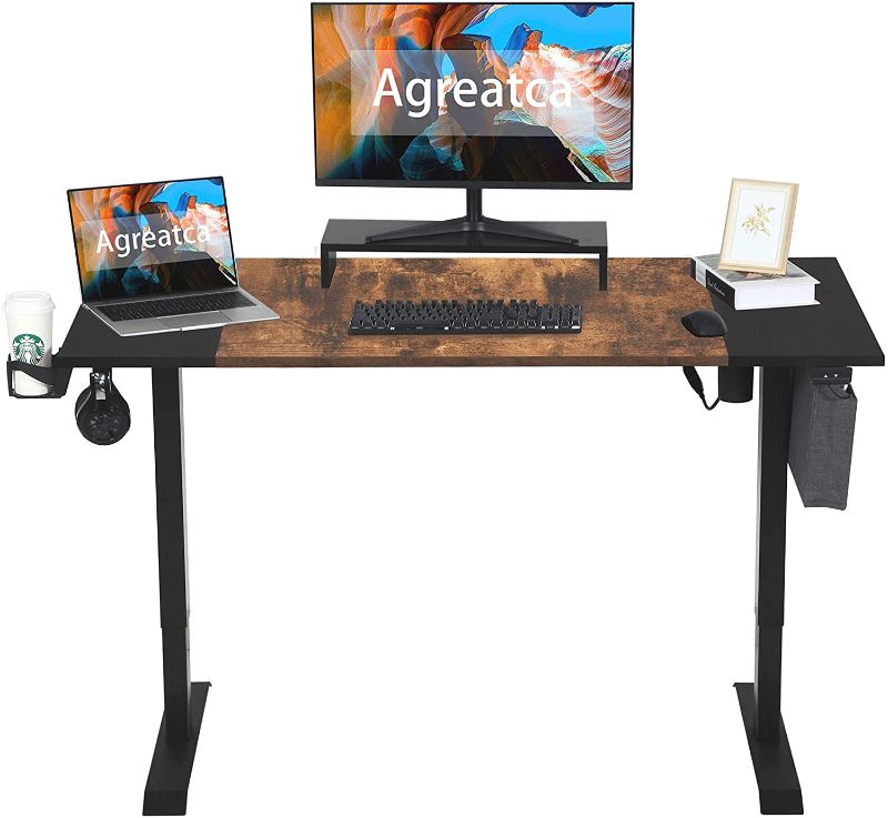 Photo 1 of Agreatca Electric Standing Desk Adjustable Height, 63 x 28 Inch Sit Stand Desk for Home Office Workstation with Desk Hooks, Cable Management Tray, Wood Monitor Stand, File Bag, Cup Holder
