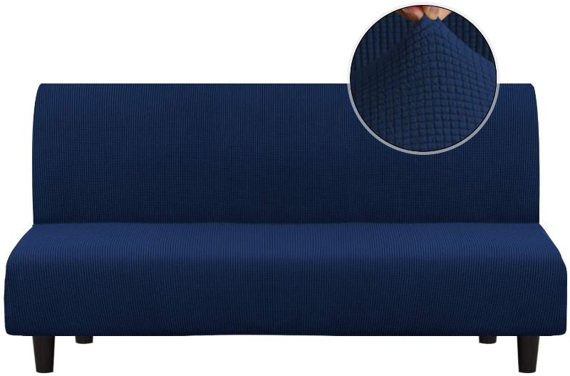 Photo 1 of (Similar To Image) Turquoize Stretch Futon Cover Armless Sofa Cover Sofa Bed Slipcover Futon Couch Cover Furniture Protector with Elastic Bottom Feature Thick Soft Checked Jacquard Fabric, Navy
