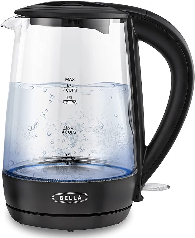 Photo 1 of BELLA 1.7 Liter Glass Electric Kettle, Quickly Boil 7 Cups of Water in 6-7 Minutes, Soft Blue LED Lights Illuminate While Boiling, Cordless Portable Water Heater, Carefree Auto Shut-Off, Black
