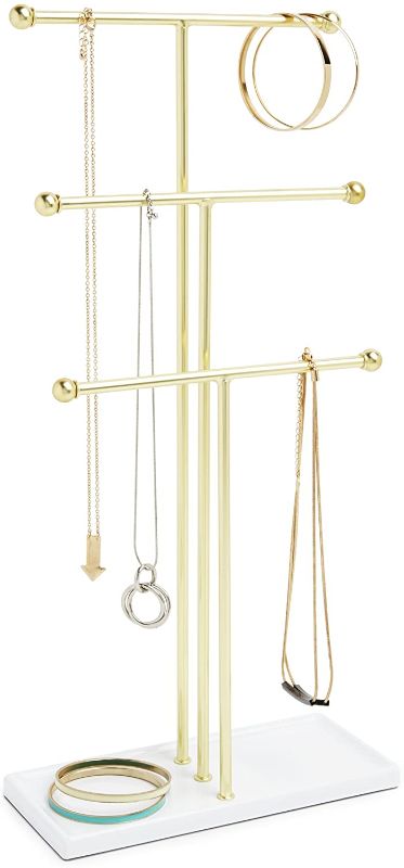 Photo 1 of Umbra Trigem Hanging Jewelry Organizer Tiered Tabletop Countertop Free Standing Necklace Holder Display, 3, Brass/White

