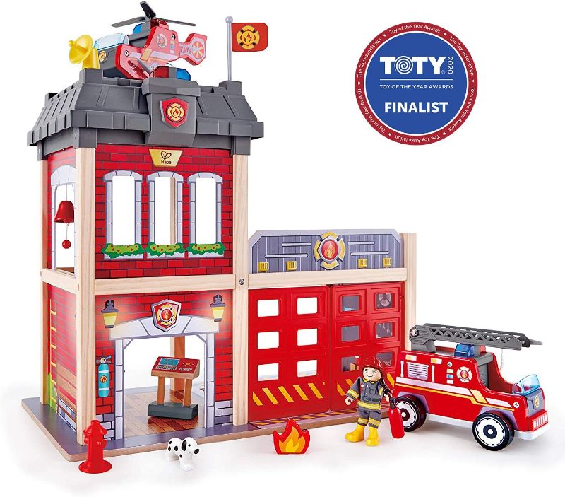 Photo 1 of Hape Fire Station Playset| Wooden Dollhouse Kid’s Toy, L: 23.6, W: 11.8, H: 18.8 inch & Metro Police Station Play Toy Set with Sounds and Lights| 2-Level Wooden Pretend Play Toy
