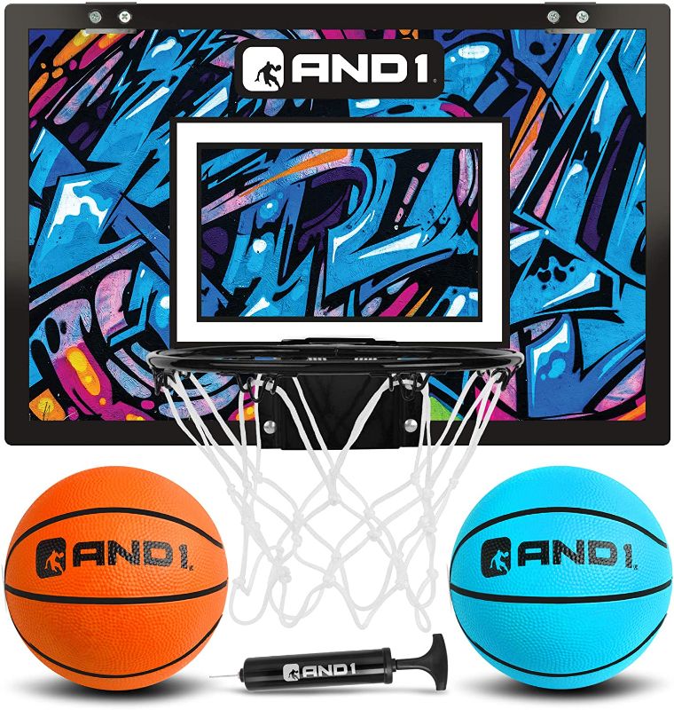 Photo 1 of AND1 Mini Basketball Hoop: 18”x12” Pre-Assembled Portable Over The Door with Flex Rim, Includes Two Deflated 5” Mini Basketball with Pump, For Indoor
