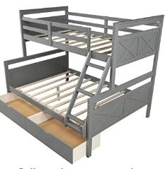 Photo 1 of *INCOMPLETE, BOX 2 OF 2, MISSING BOX 1**
Twin Over Full Bunk Bed with Ladder, Two Storage Drawers, Safety Guardrail, Gray