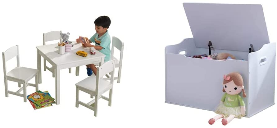 Photo 1 of KidKraft Wooden Farmhouse Table & 4 Chairs Set, Children's Furniture for Arts and Activity - White, Gift for Ages 3-8 & Austin Wooden Toy Box/Bench with Safety Hinged Lid, White, Gift for Ages 3+
