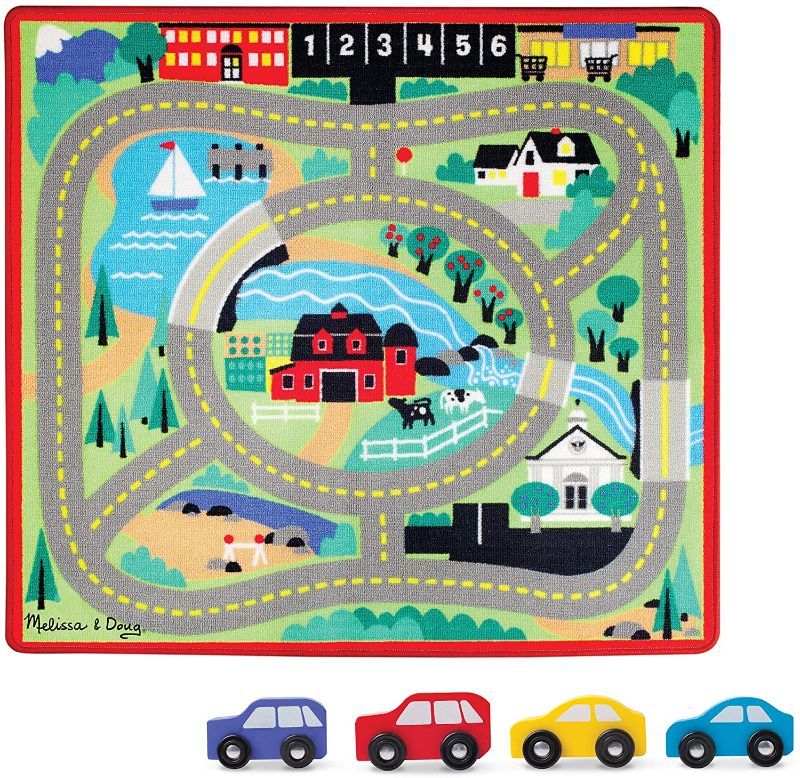 Photo 1 of Melissa & Doug Round the Town Road Rug & Car Set (Cars & Trucks, Safe for All Floors, 4 Wooden Cars, Frustration-Free Packaging)
