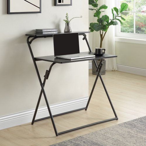 Photo 1 of Folding Desk, 2-Tier Small Computer Desk with Shelf, Space Saving Foldable Table, Black