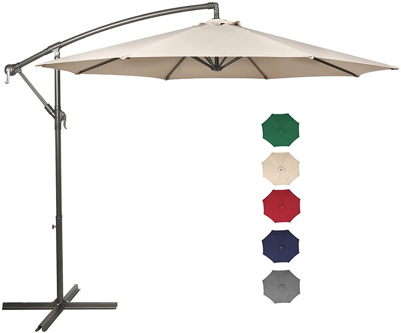 Photo 1 of 10 Ft Offset Patio Umbrella Outdoor Cantilever Market Hanging Umbrellas With Crank&Cross Base,8 Ribs(Beige)
