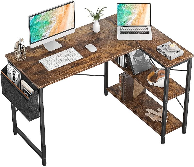 Photo 1 of Small L Shaped Computer Desk, Homieasy 47 Inch L-Shaped Corner Desk with Reversible Storage Shelves for Home Office Workstation, Modern Simple Style Writing Desk Table with Storage Bag(Rustic Grey)
