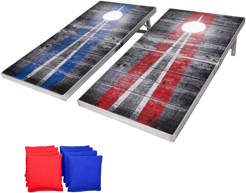 Photo 1 of GoSports Cornhole PRO Regulation Size Bean Bag Toss Game Set - Foldable (American Flag, LED, Black, Red & Blue Designs)
