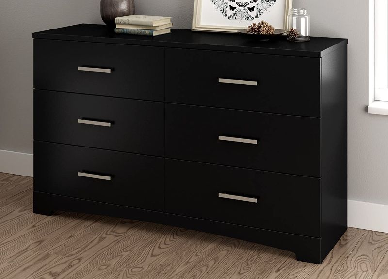 Photo 1 of **Incomplete** South Shore Gramercy 6-Drawer Double Dresser, Pure Black with Brushed Nickel Handles
