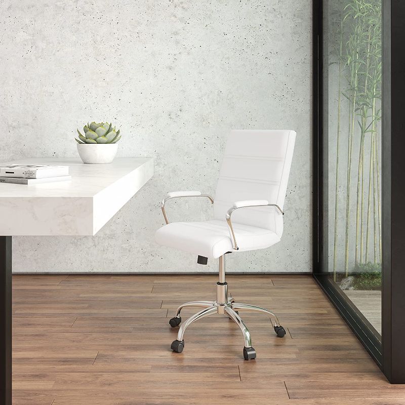 Photo 1 of Flash Furniture Mid-Back Desk Chair - White LeatherSoft Executive Swivel Office Chair with Chrome Frame - Swivel Arm Chair
