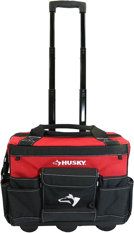 Photo 1 of USED CONDITION, GOOD CONDITION, Husky GP-43196N13 18" 600-Denier Red Water Resistant Contractor's Rolling Tool Tote Bag with Telescoping Handle
